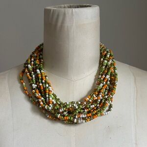 Large Glass Beaded 15 Strand Necklace - All Glass Orange Light Green White